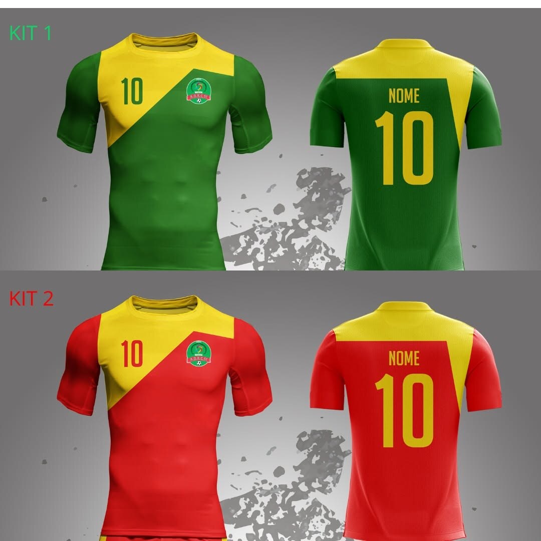 Equipamentos oficiais verde e amarelo e vermelho e amarelo do Desportivo 100Tital