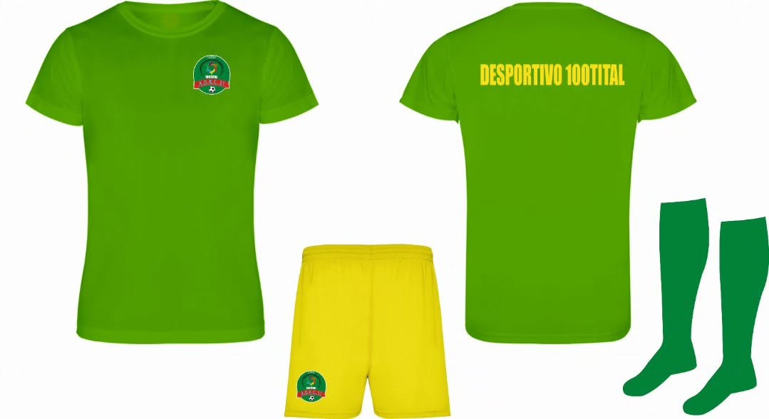 Equipamento de treino do Desportivo 100Tital, composto por camisola verde, calções amarelos e meias verdes